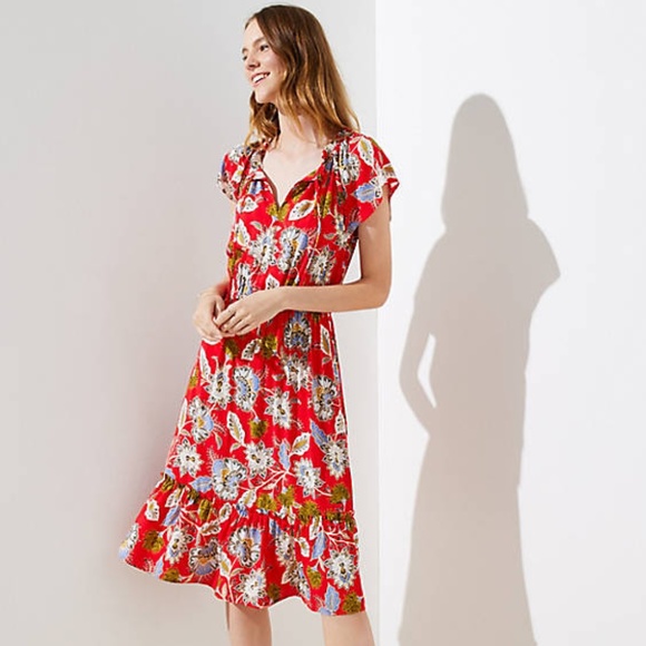 LOFT Dresses & Skirts - [LOFT] Summer Blossom Tie Neck Flounce Dress Sz. S